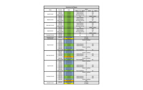 Planning des vacances de Pâques