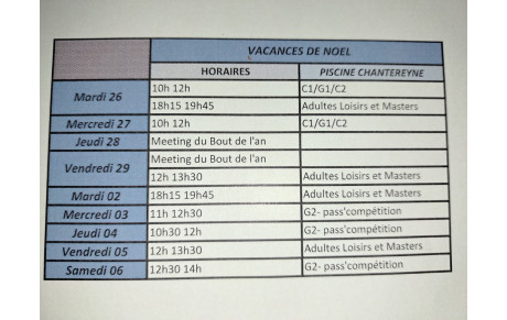 Entrainements des vacances de fêtes de fin d'année.